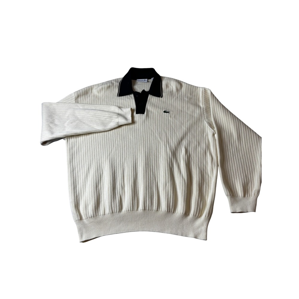 Lacoste Mens Ribbed Cotton Polo Sweater Cream Black Made in France Relaxed Fit L